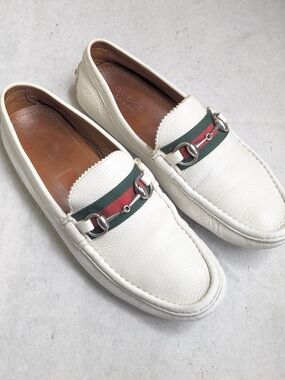 Gucci Men's White Leather Horsebit Driving Loafers with Green-Red Web 10.5 US